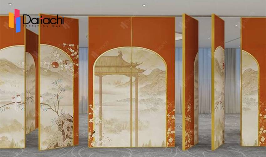 Customizable Sliding Walls With Vintage Mural Wallpaper Finishes For Hotel Banquet Hall