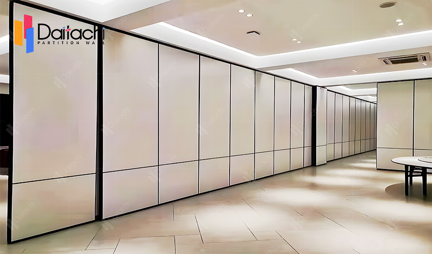 The off-white manual movable partition wall is used as a corridor