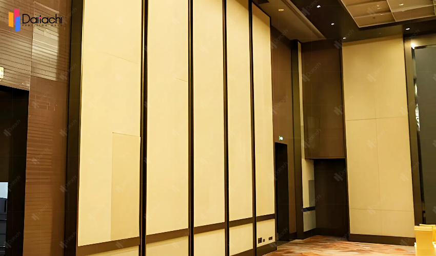Large area of beige movable partition wall Large area of beige movable partition wall
