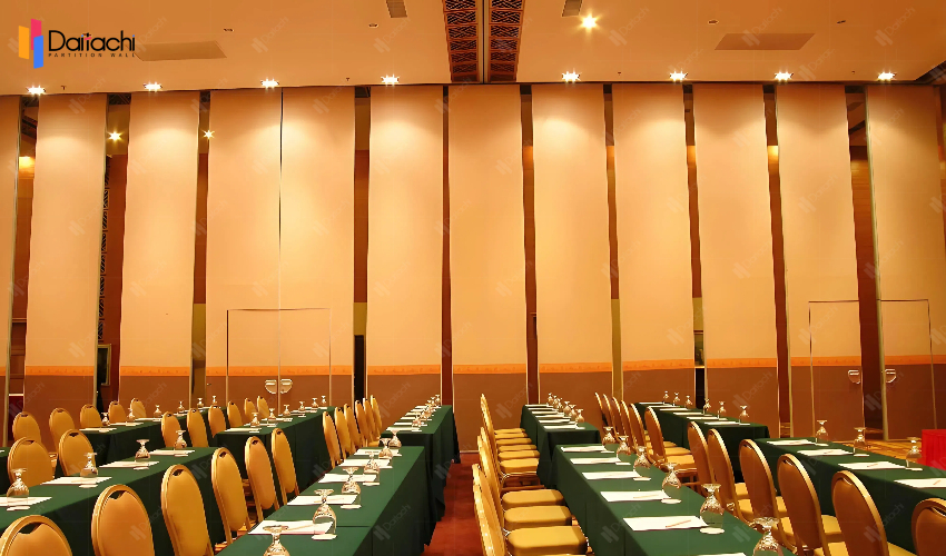 Extra high brown movable partition wall in the conference room Extra high brown movable partition wall in the conference room