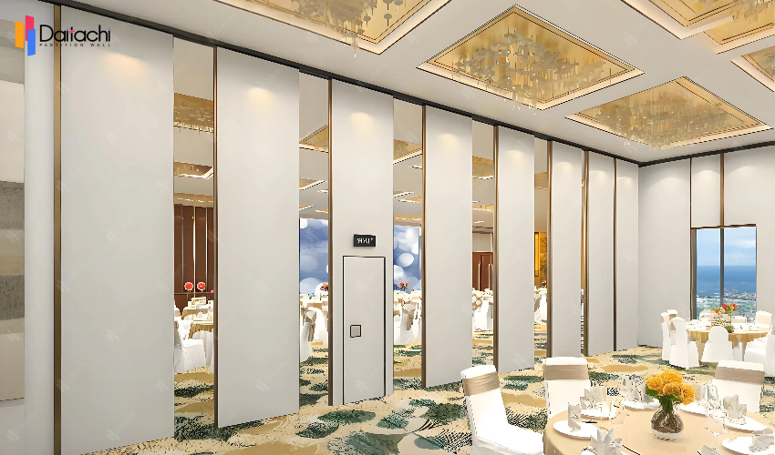 Light beige extra-high movable partition wall in the dining area Light beige extra-high movable partition wall in the dining area