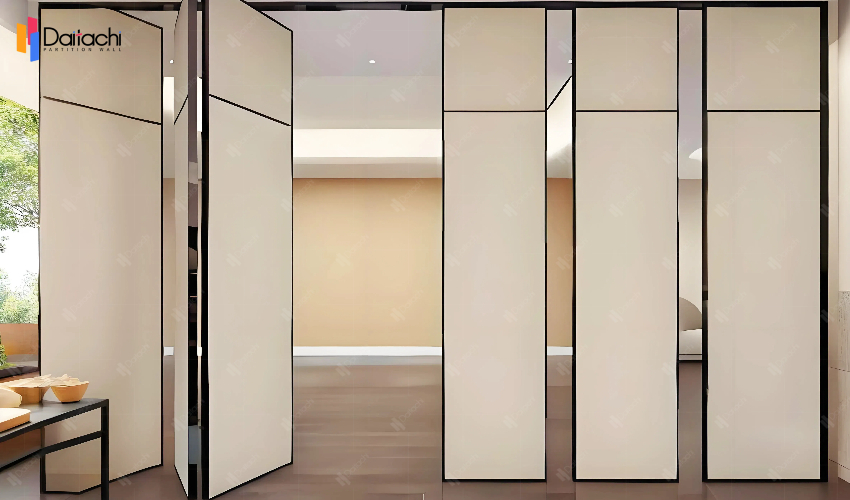Light beige movable partition wall in the leisure area Light beige movable partition wall in the leisure area
