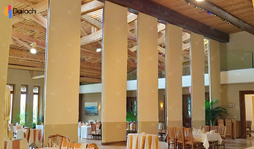 Light wood color ultra-high movable partition wall in the restaurant Light wood color ultra-high movable partition wall in the restaurant