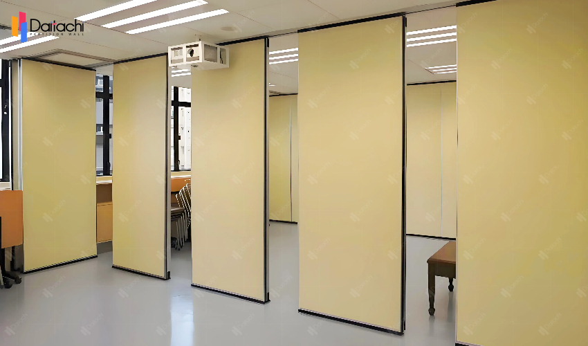 Light wood color manual movable partition wall in the room Light wood color manual movable partition wall in the room