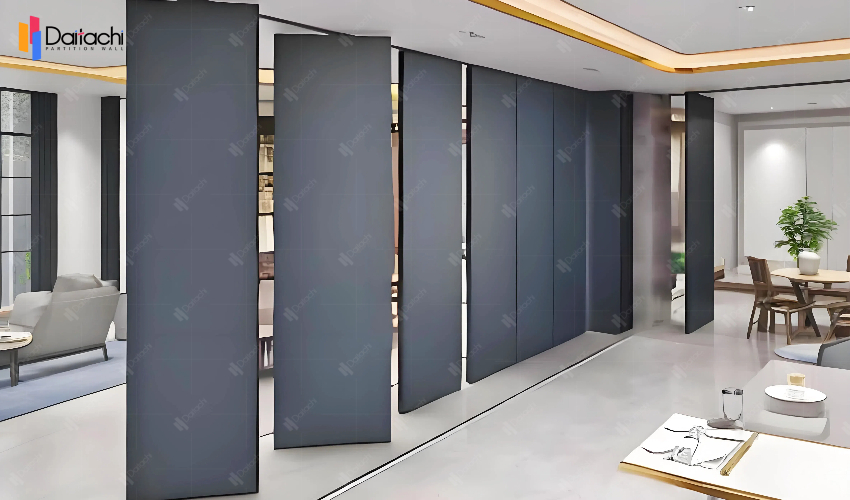 Dark blue movable partition wall in the leisure area Dark blue movable partition wall in the leisure area