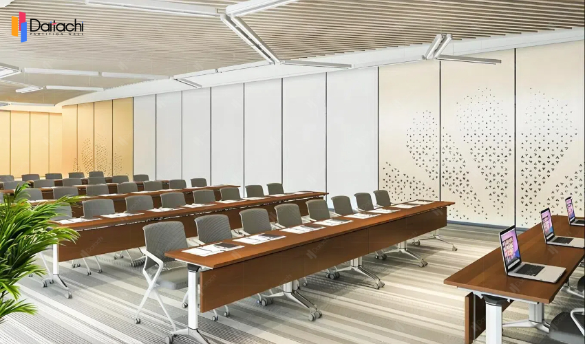 Light-colored large movable partition wall in the conference room