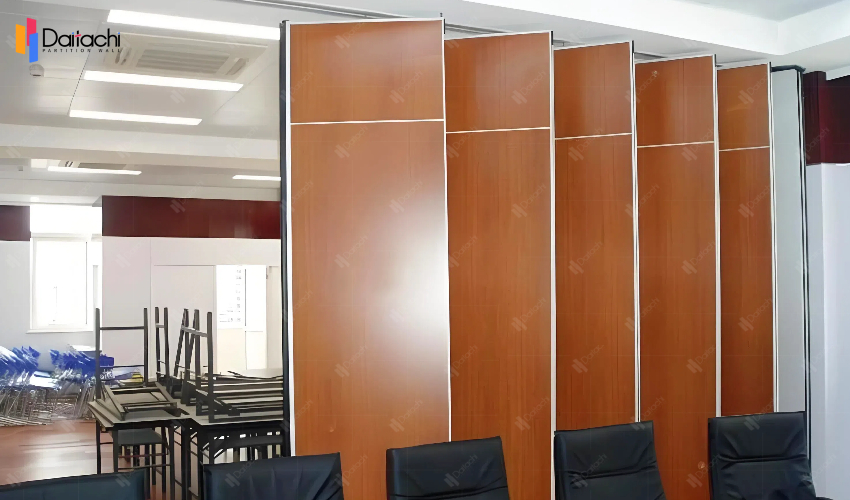Simple red-brown manual movable partition wall in the conference room