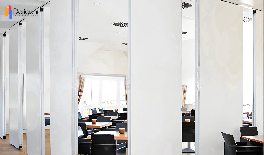 Large-area minimalist manual movable partition wall with wood grain texture