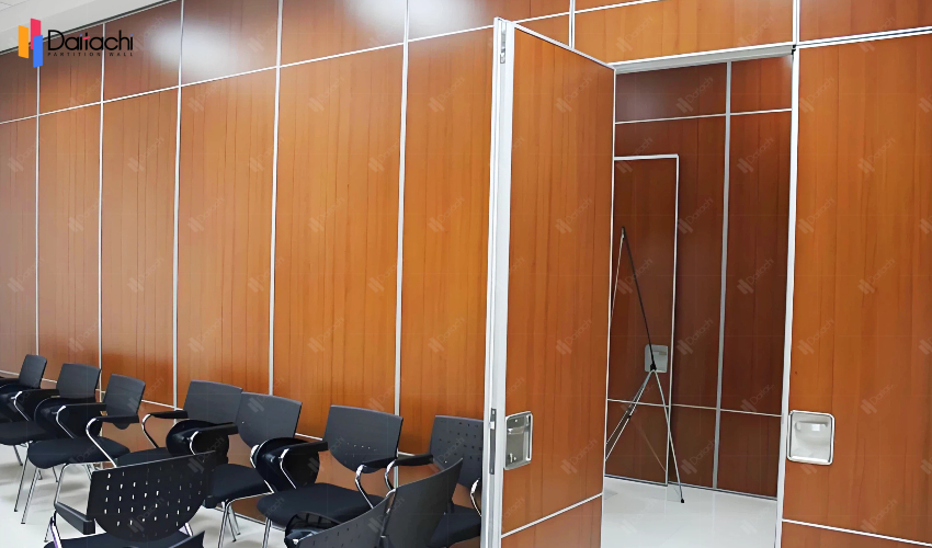Reddish-brown movable partition wall with door Reddish-brown movable partition wall with door