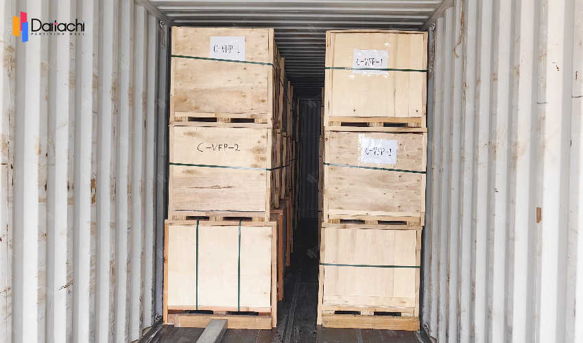 Images of forklifts transporting goods in wooden crates.