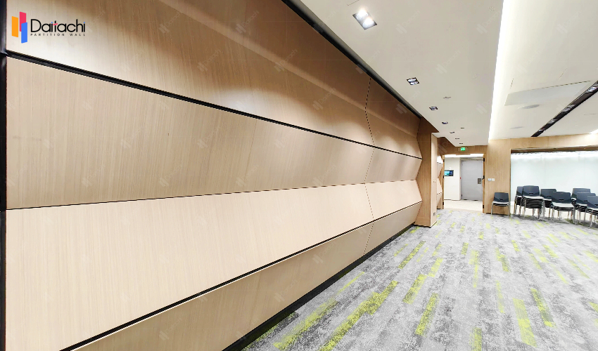 Light-colored, natural wood tone, large area of vertical lift wall Light-colored, natural wood tone, large area of vertical lift wall