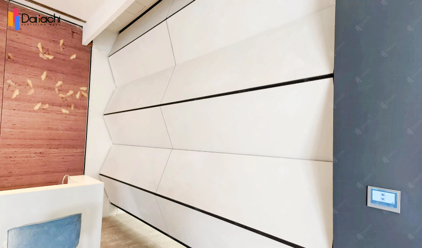 Vertical folding and lifting wall in ivory white interior Vertical folding and lifting wall in ivory white interior