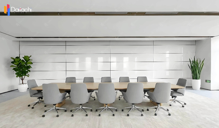 The minimalist white vertical lift wall that appeared in the conference room