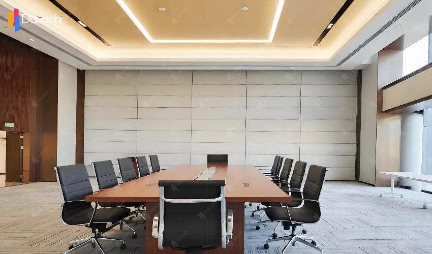A minimalist white vertical lift wall in the office conference room. A minimalist white vertical lift wall in the office conference room.