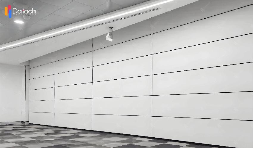 A Plaid Rug Paired with a Minimalist White Vertical Lift Wall A Plaid Rug Paired with a Minimalist White Vertical Lift Wall