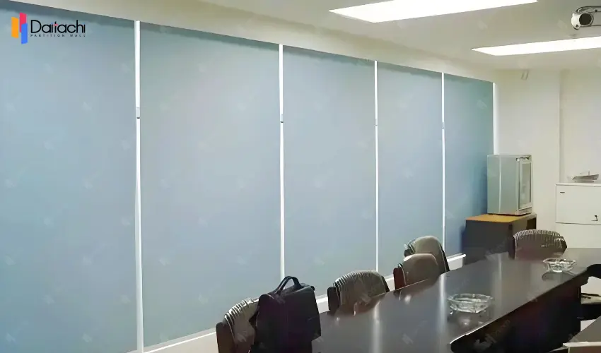 Blue manual movable partition wall in the conference room Blue manual movable partition wall in the conference room