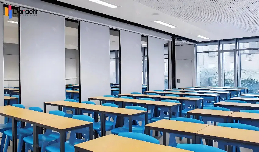 Blue chair and white manual movable partition wall Blue chair and white manual movable partition wall