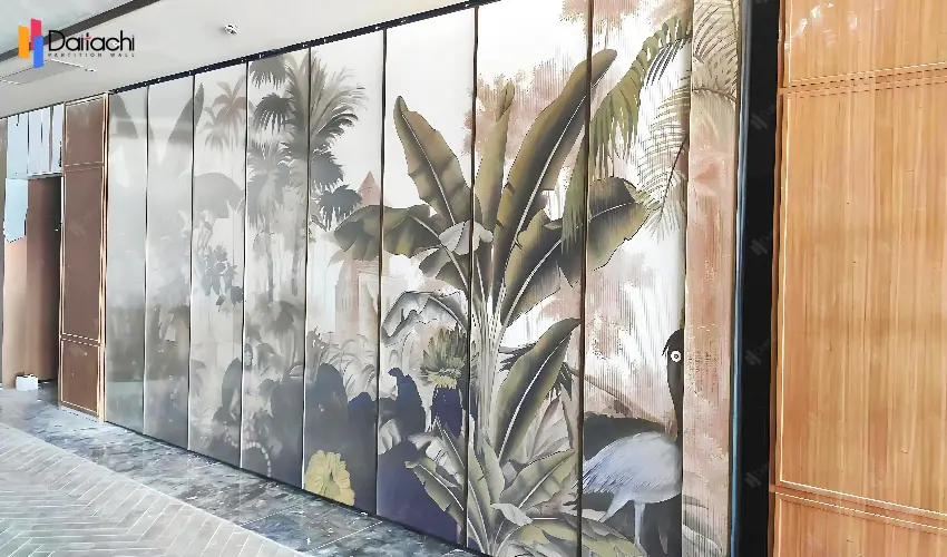 Manual movable partition wall with tropical rainforest pattern Manual movable partition wall with tropical rainforest pattern
