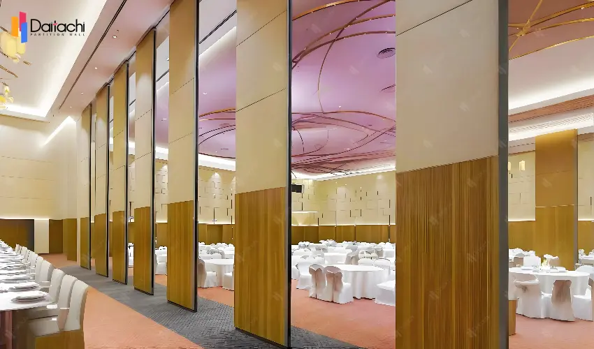 Light wood color manual movable partition wall in the dining area Light wood color manual movable partition wall in the dining area