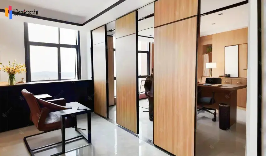 The wood-grain manual movable partition wall in the office