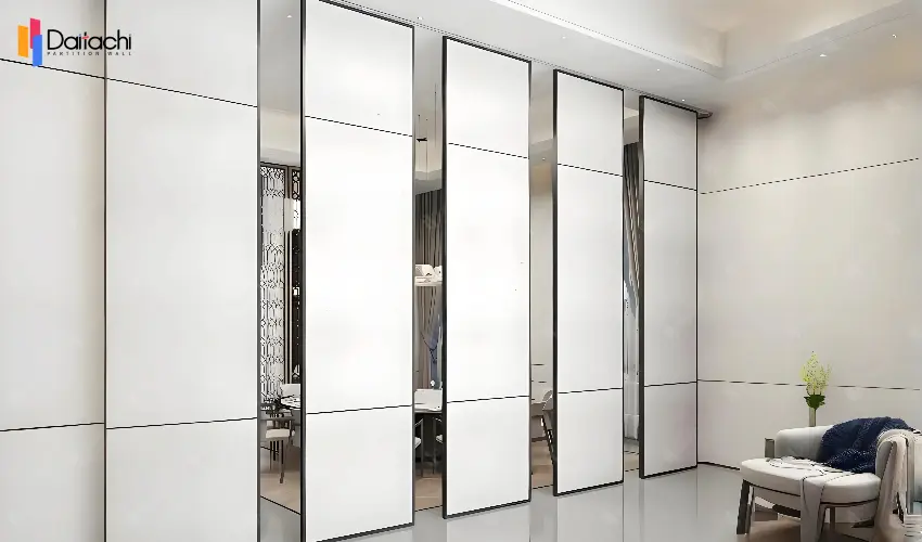 A simple, pure white, manually movable partition wall for a leisure area. A simple, pure white, manually movable partition wall for a leisure area.