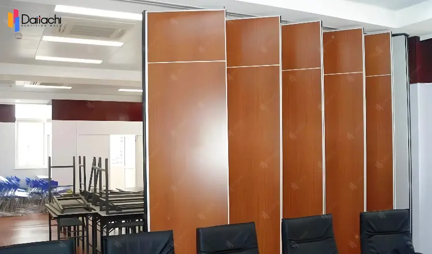 Simple red-brown manual movable partition wall in the conference room