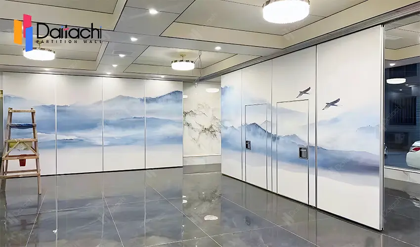 Blue landscape painting movable partition wall