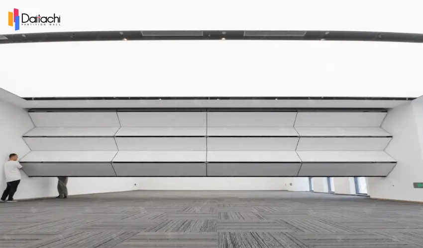 A minimalist white vertical lift wall within a spacious, open area. A minimalist white vertical lift wall within a spacious, open area.
