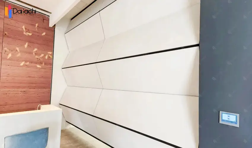 Vertical folding and lifting wall in ivory white interior Vertical folding and lifting wall in ivory white interior