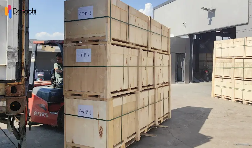 Images of forklifts transporting goods in wooden crates.