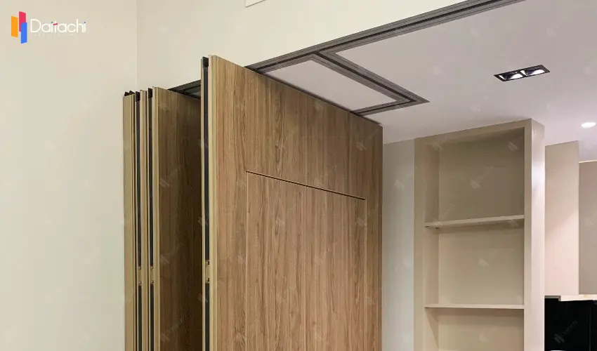 Diagram showing the folding and storage of a semi-automatic movable partition with a dark wood grain finish.