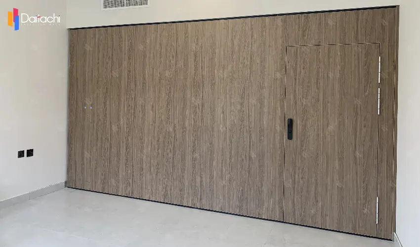 Diagram showing the folding and storage of a semi-automatic movable partition with a dark wood grain finish.