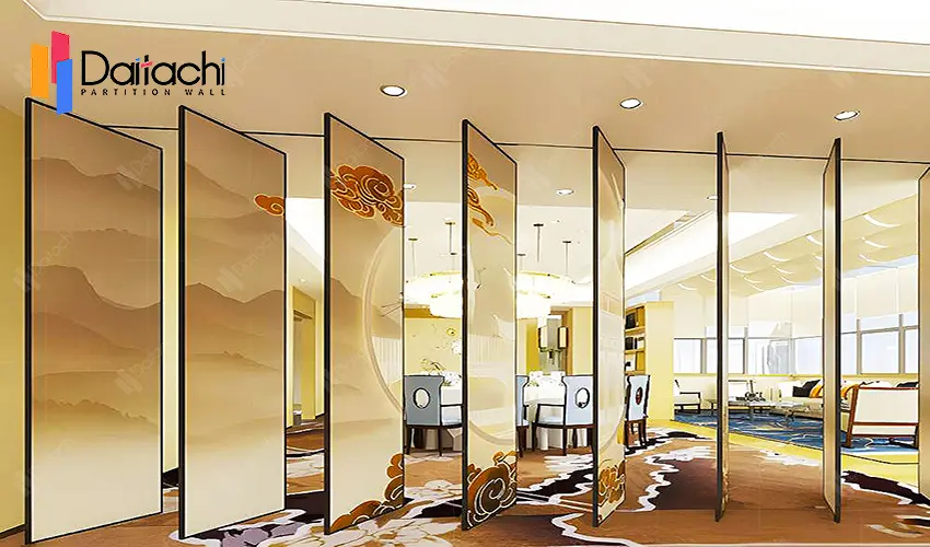Manual movable partition wall with yellowish-brown auspicious cloud pattern printing Manual movable partition wall with yellowish-brown auspicious cloud pattern printing