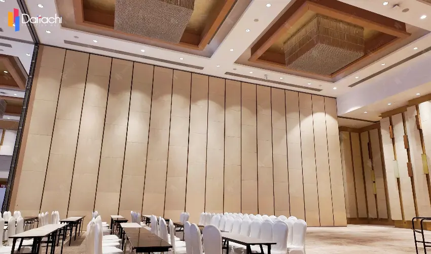 Extra-high, natural wood-tone manual movable partition