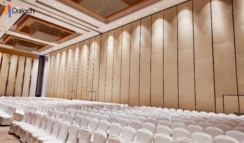 Extra-high, natural wood-tone manual movable partition